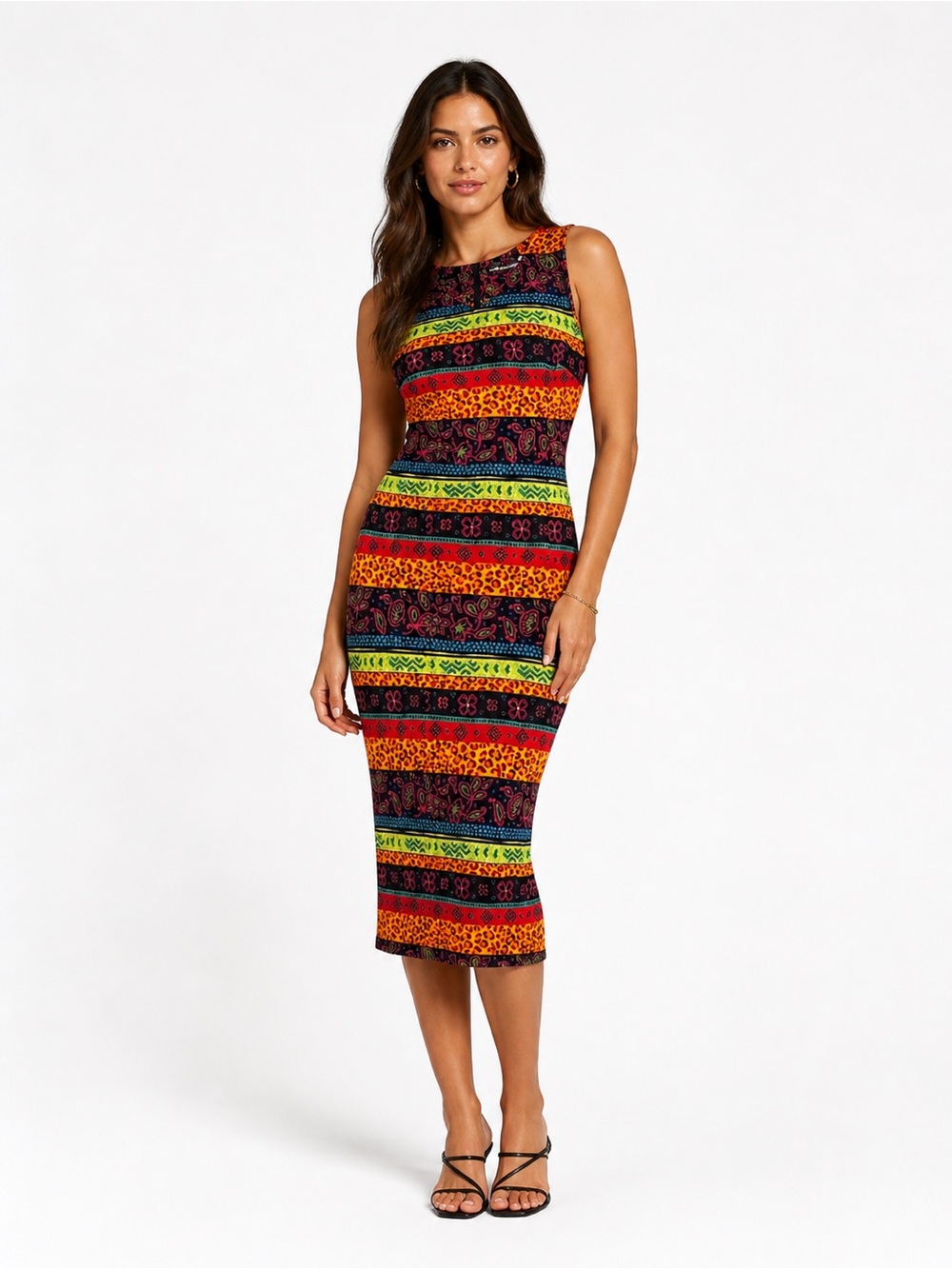 SAG Harbor Retro Boho Colorful Stripe Print Dress Midi Size 14